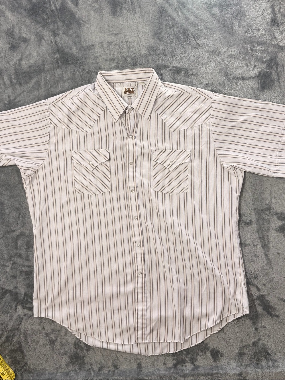 Ely Cattleman White Shot sleeved snap shirt Brown Stripe and Snap-down Western.